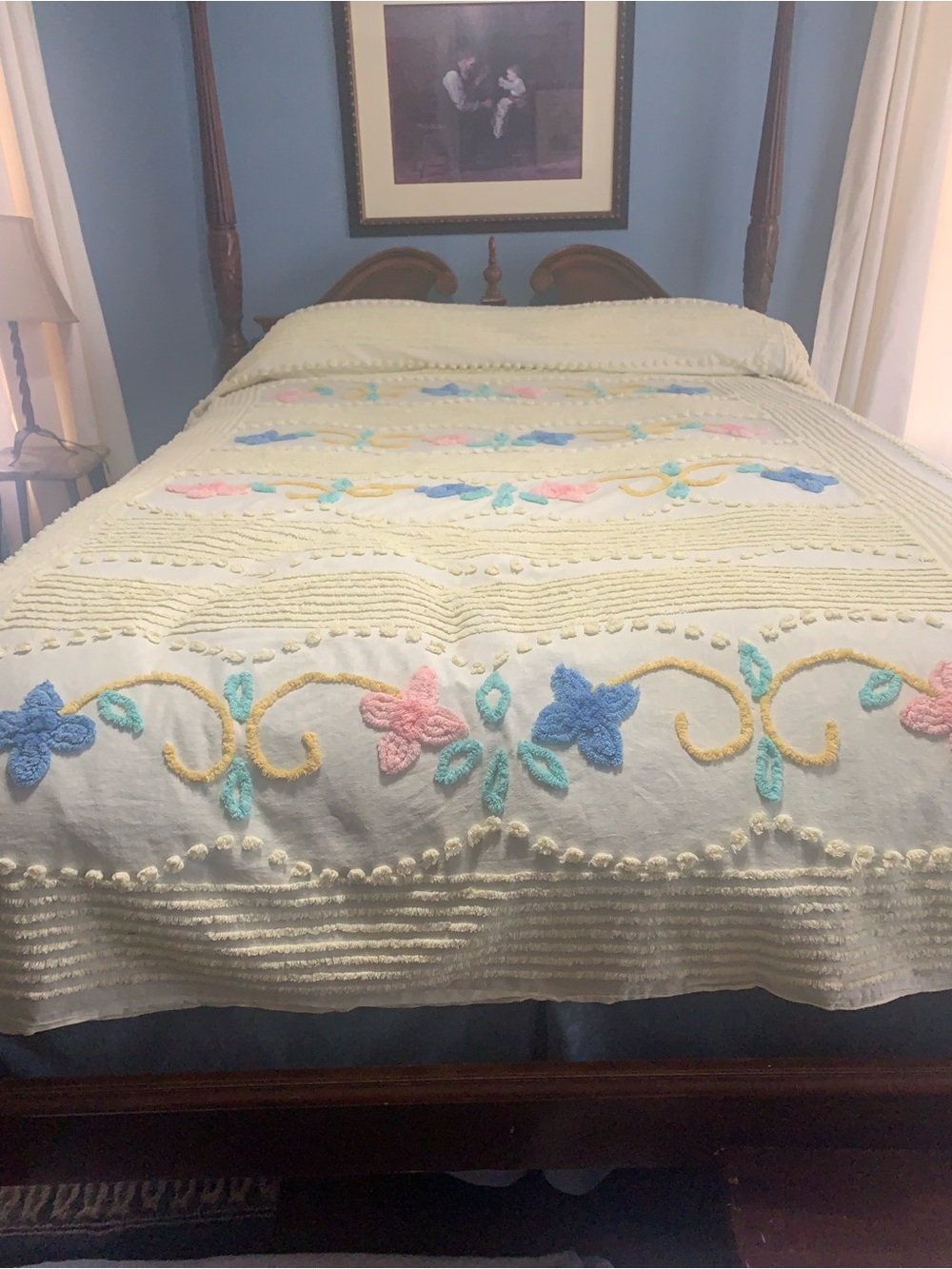 Vintage-Style soft yellow Chenille Bedspread with Pastel Floral Accents